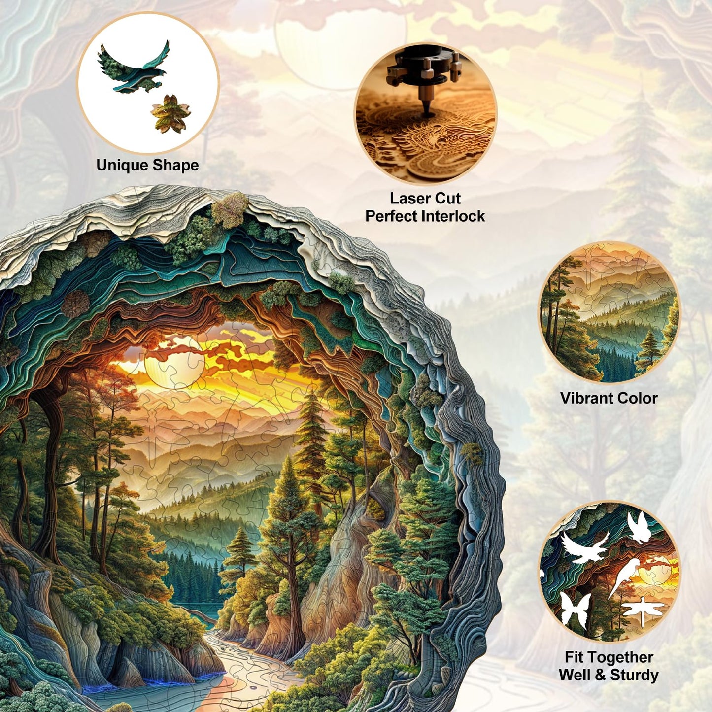 KAAYEE Wooden Puzzles for mature-themeds  3D Vision Effect Cave Forest Wooden Jigsaw Puzzle Unique Shape Wood Puzzle mature-themed  Fathers Mothers Gifts Birthday Family Games (M 11.4 * 11.3in 200pcs)