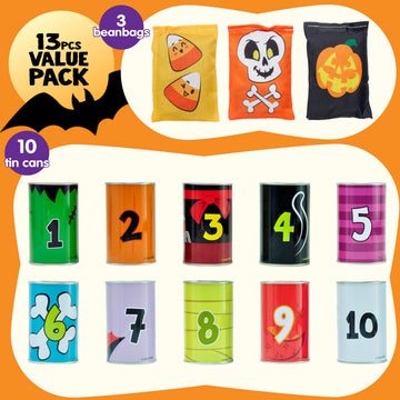 JOYIN 13 Pcs Halloween Carnival Bean Bag Toss Game with Tin Cans and Beanbags for Kids & mature-themeds Indoor Outdoor Carnival Party Games  Birthday Party Game  Halloween Gathering Party Supplies