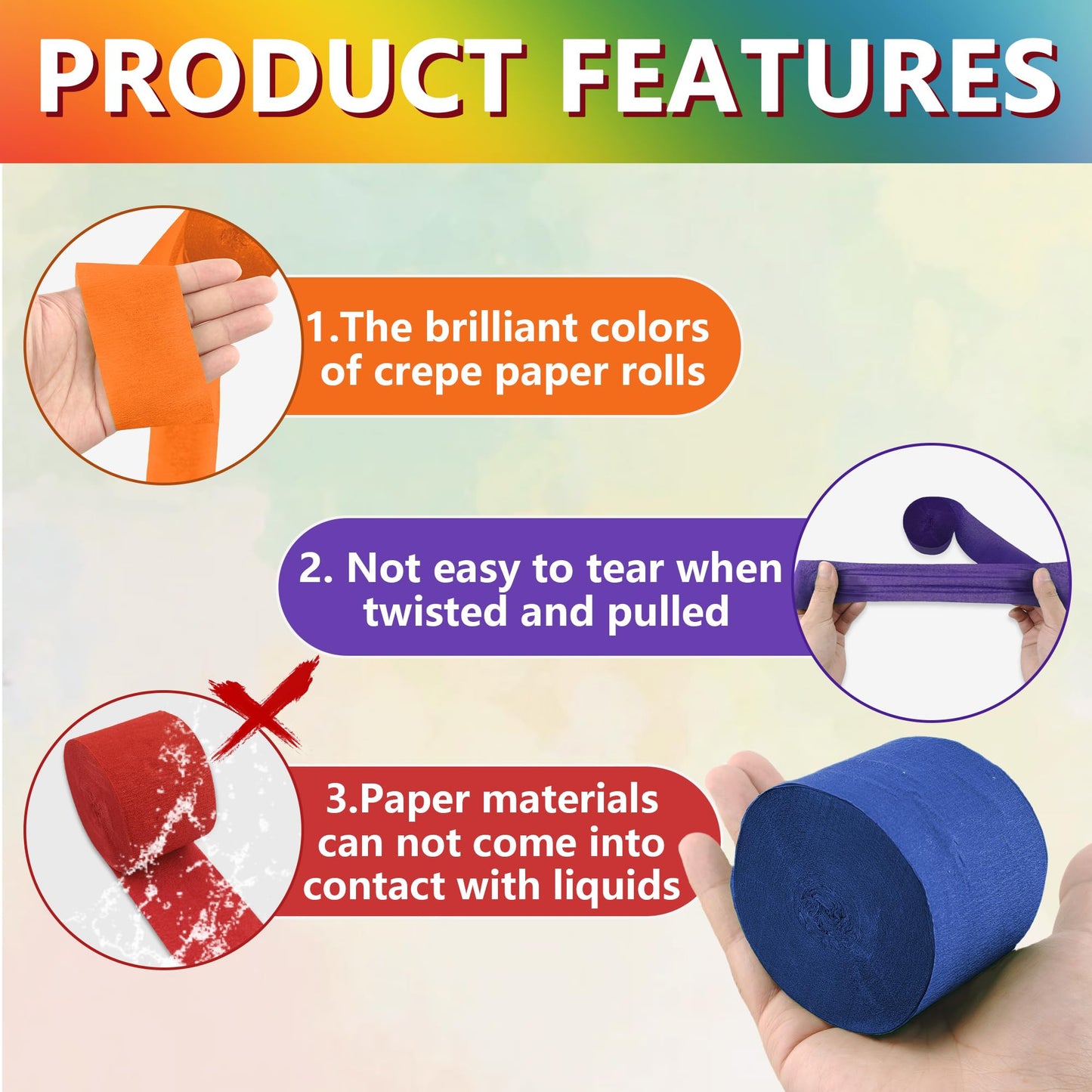 Oun Nana Crepe Paper Streamers 6 Rolls Rainbow Streamers 2.2 Inches 738 Feet, Streamers Party Supplies for Birthday, Wedding, Ba