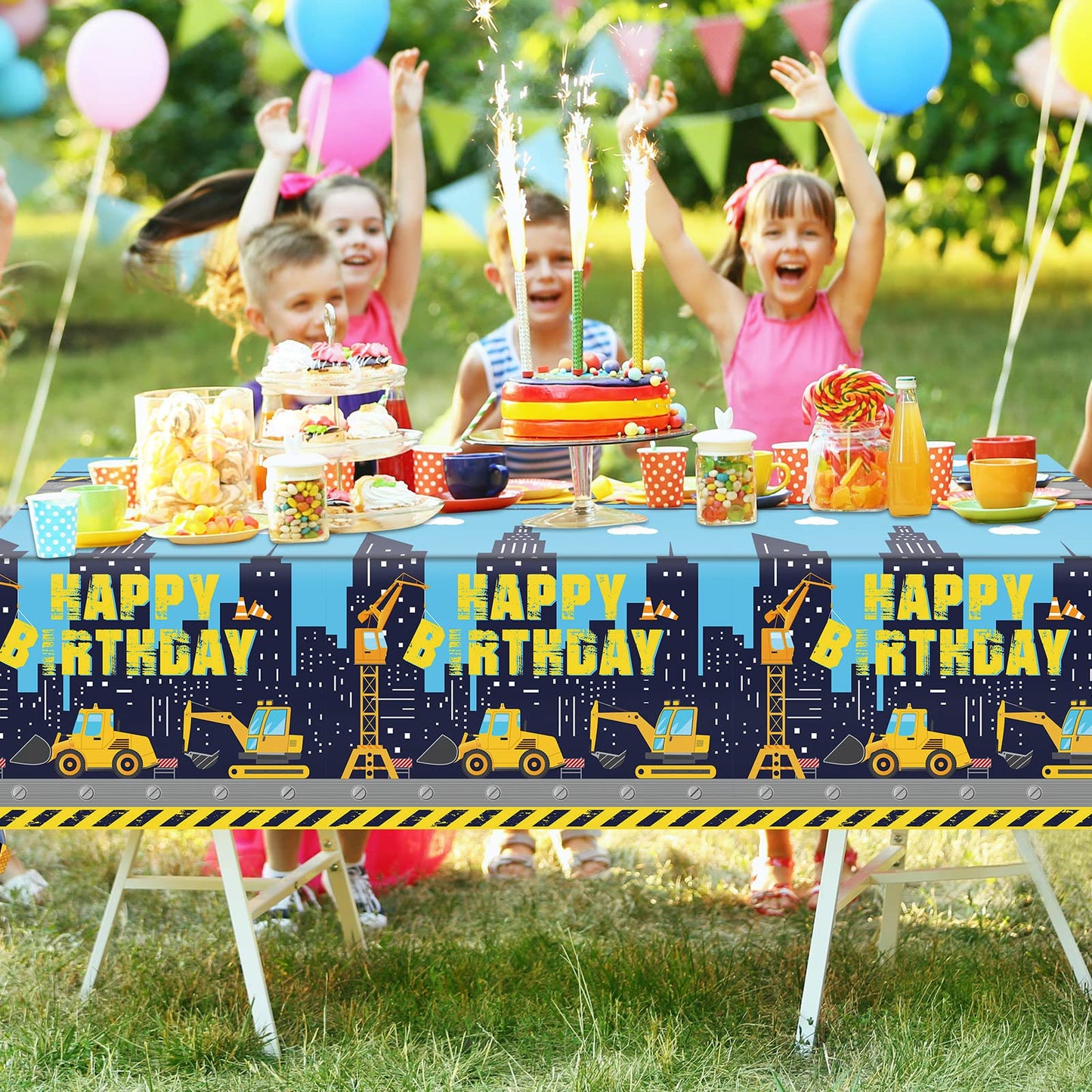 Tatuo Construction Happy Birthday Tablecloth Dump Truck Birthday Table Covers Tractor Plastic Printed Tablecloth Construction Th