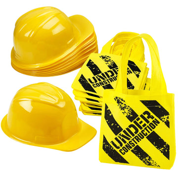 Bedwina Construction Themed Party Supplies - (24 Pack) Construction Party Favors Hat & Mini Tote Bag Supplies - (12) Yellow Cons