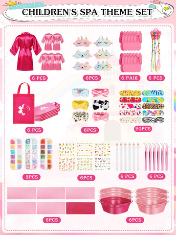 Suhine 6 Set Spa Party Supplies For Girls, Kids Satin Robes Nail Salon Kit Spa Kit Accessories For Birthday Party Favors (Pink,