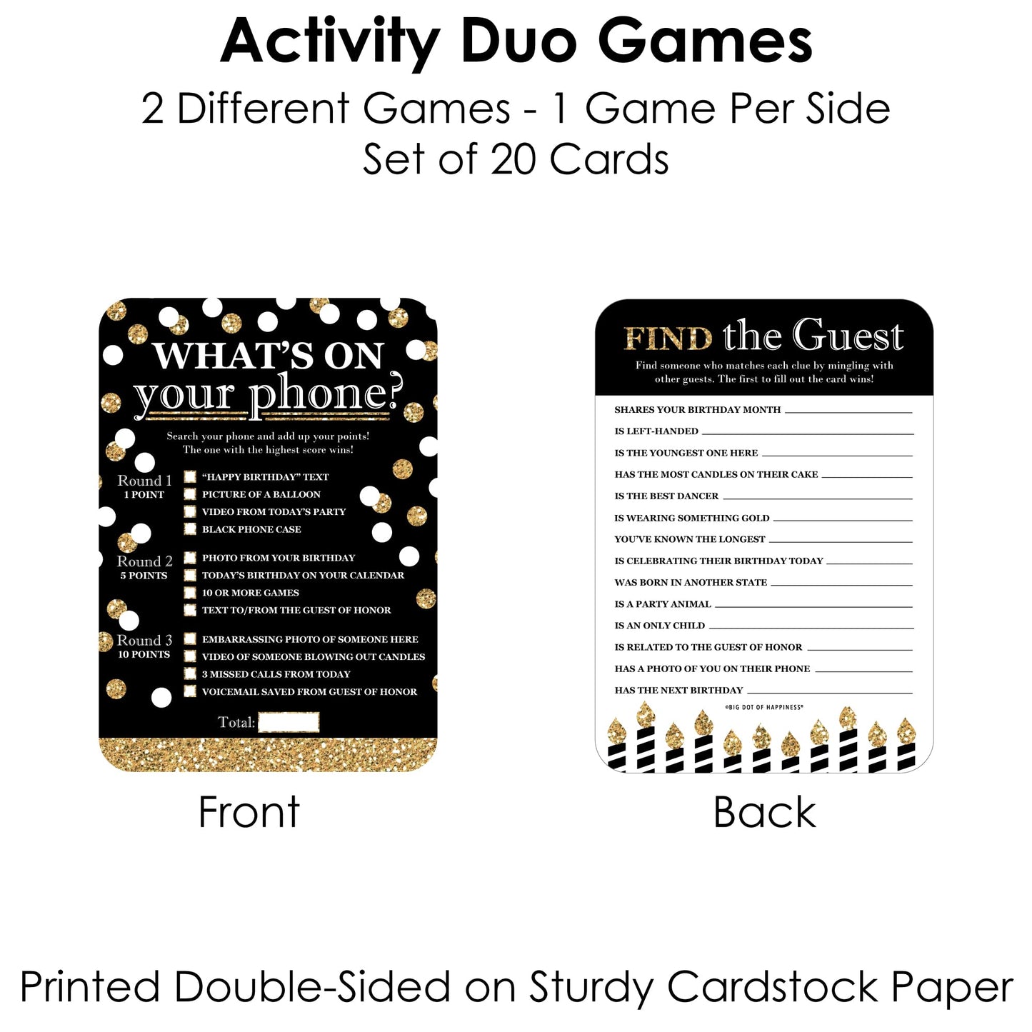 Big Dot of Happiness mature-themed Happy Birthday - Gold - 2-in-1 Birthday Party Cards - Activity Duo Games - Set of 20