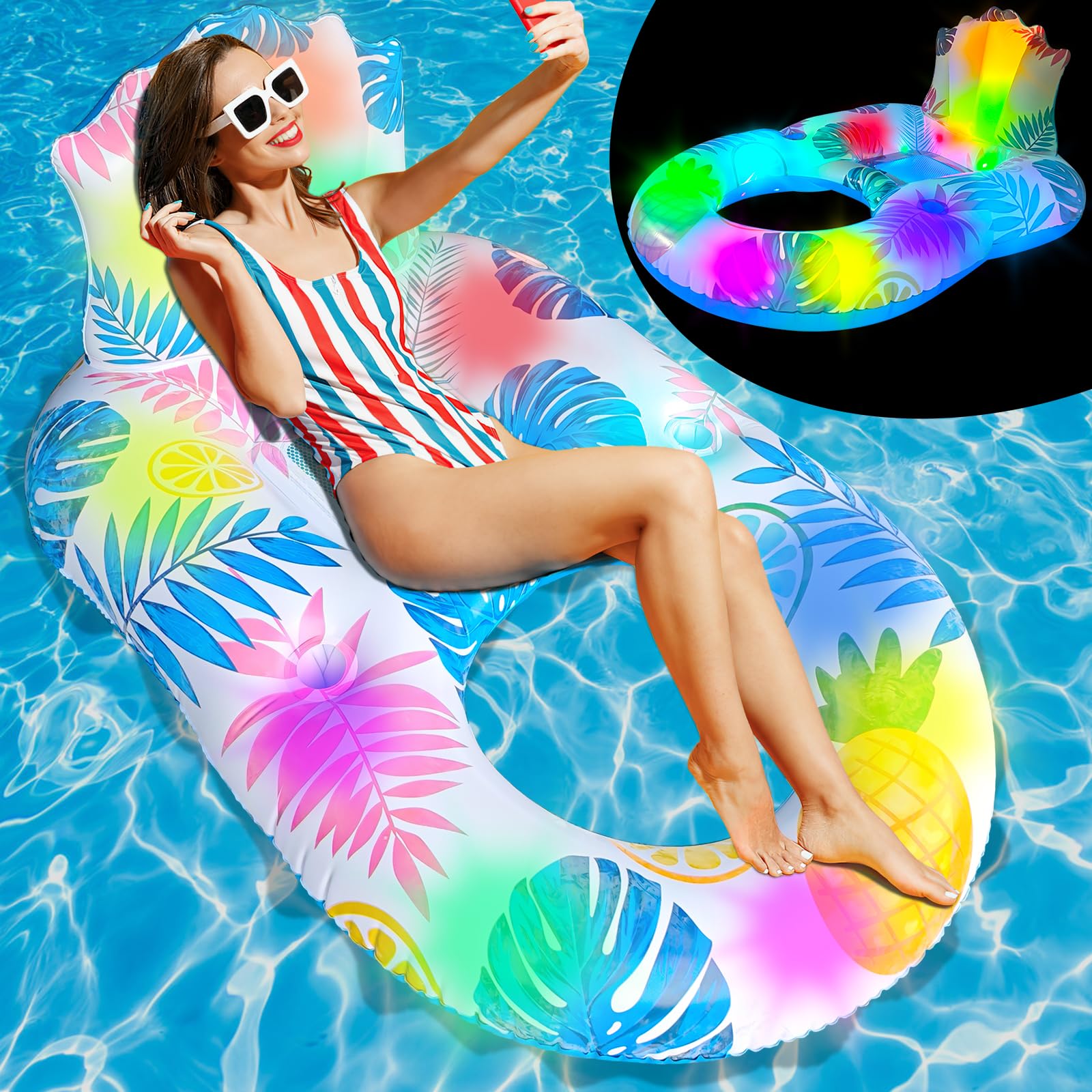 Spobot Inflatable Pool Float mature-themed - Light Up Pool Floaties Lounger Floats Floating Chair Raft with Cup Phone Holder - Pool Chairs for in Pool for mature-themeds Large Size Summer Beach Lake Lounge
