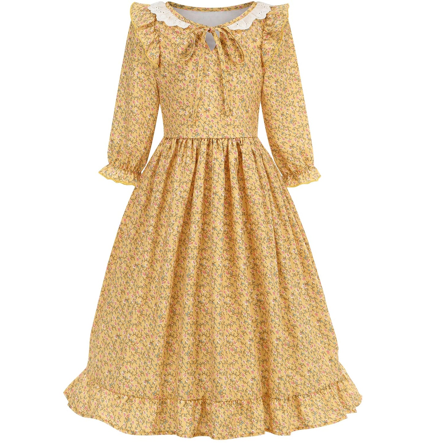 Aoiviss Pioneer Girls Dress Floral Colonial Prairie Costumes For Little Kids With Apron And Bonnet, Yellow