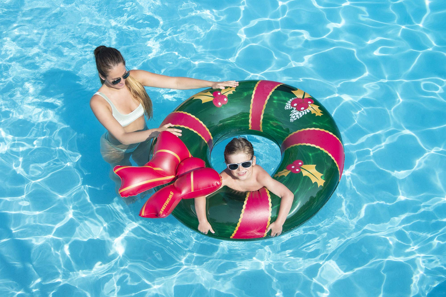 Swimline Inflatable Christmas Wreath Pool Ring, One Size, Multi-Color, Model 90092, Durable Material