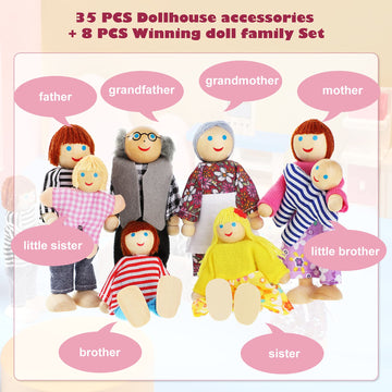 Sumind 35 Pcs Wooden Doll House Furniture And Accessories Set With 27 Pcs Dollhouse Furniture 8 Pcs Doll House Family Figures For Dollhouse Family Set