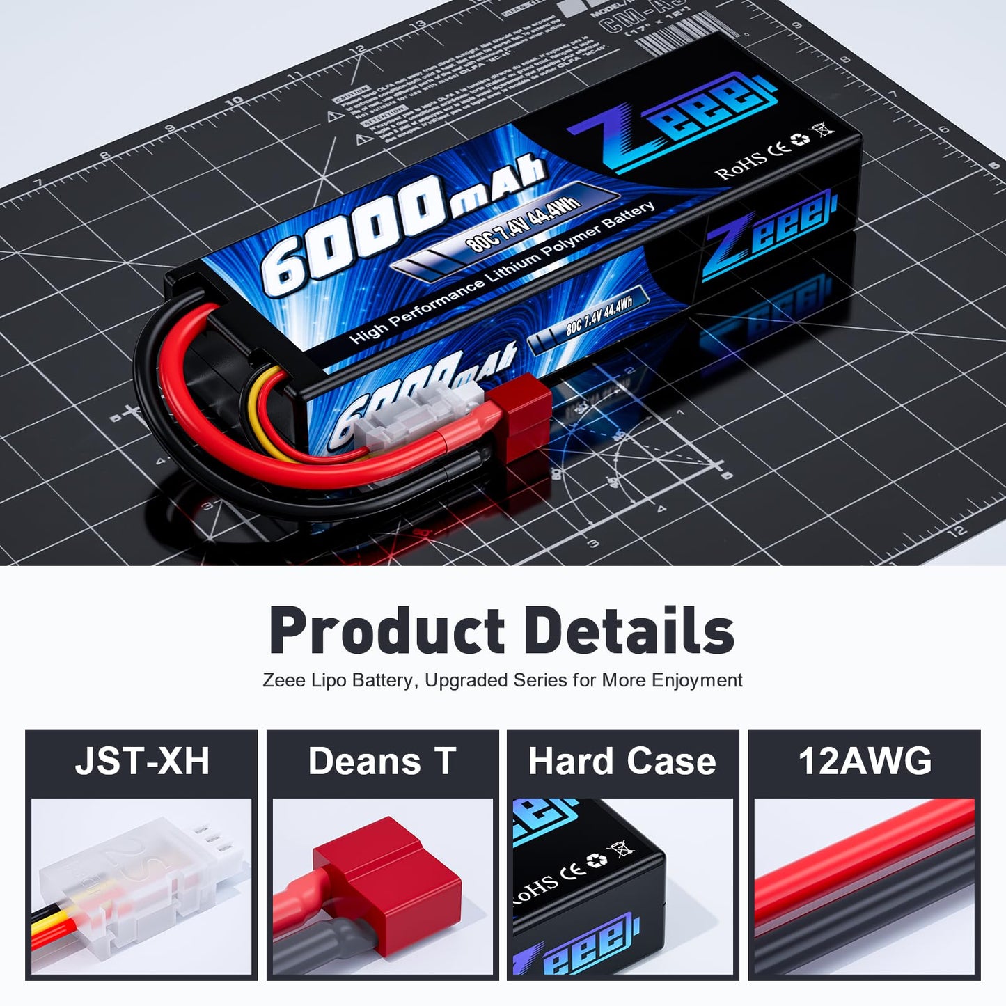 Zeee 2S Lipo Battery 6000mAh 80C 7.4V Hard Case RC Battery with Deans Connector for 1/8 Scale RC Car RC Airplane RC Helicopter R