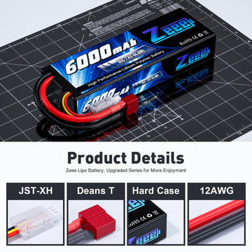 Zeee 2S Lipo Battery 6000mAh 80C 7.4V Hard Case RC Battery with Deans Connector for 1/8 Scale RC Car RC Airplane RC Helicopter R