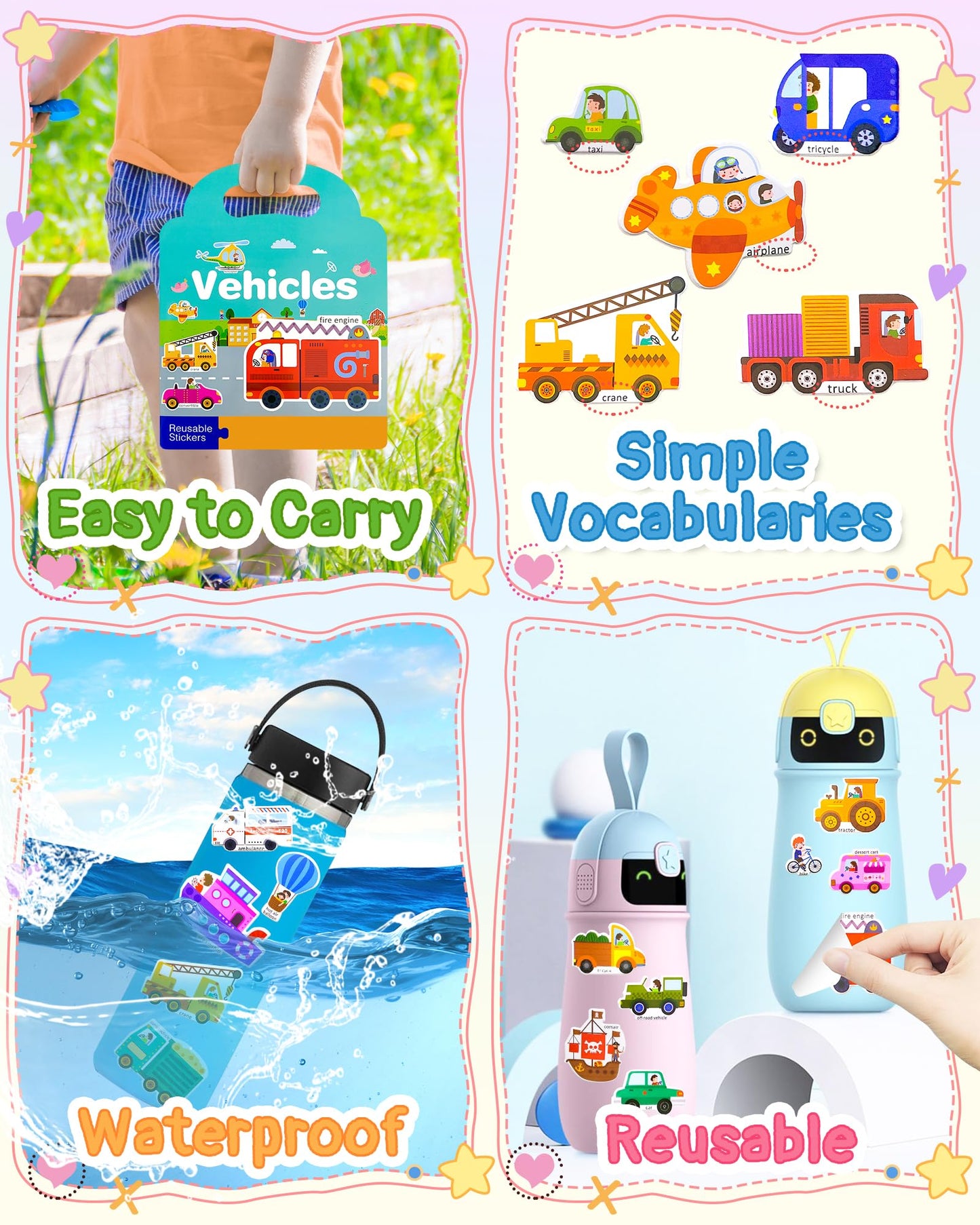 Benresive Reusable Sticker Books For Kids 2-4, Sticker Books For Toddlers 1-3, Toddler Sticker Book Age 2-4, Toddler Travel Toys Activities Crafts Gifts - Vehicle Sticker Book