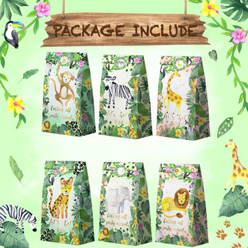 Hapibidesign Watercolor Safari Party Favor Bags - 24 Pcs Jungle Party Candy Bags With Stickers - Jungle Goodie Gift Treat Bags -