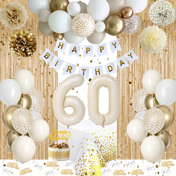 60Th Birthday Decorations, Happy 60Th Birthday Decorations White And Gold Balloons Happy Birthday Banner Tablecloth Fringe Curta