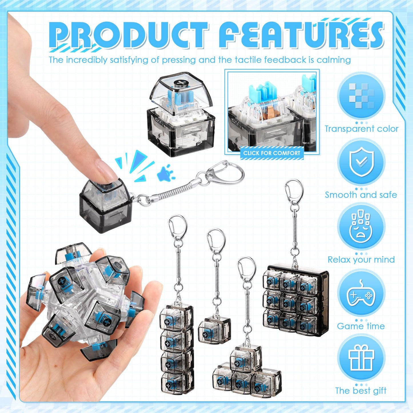 Halloscume 5 Pcs Keyboard mature-themed Fidget Toy Clicker Toy in 5 Styles Keyboard Fidget Keychain Cube Mechanical Key Button Clicker Stress Relief Gift for Office Home Pass Time(Black Transparent)