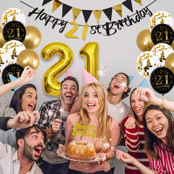Jobkoo 21St Birthday Decorations Him Her, Black Gold 21 Birthday Party Decor Golden Black 21St Birthday Balloons 21 Cake Topper