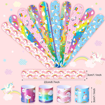 Junkin 24 Pcs Rainbow Party Favor Rainbow Slap Bracelets for Kids Wristbands Bracelets Cloud Party Favor Unicorn Rainbow Party D