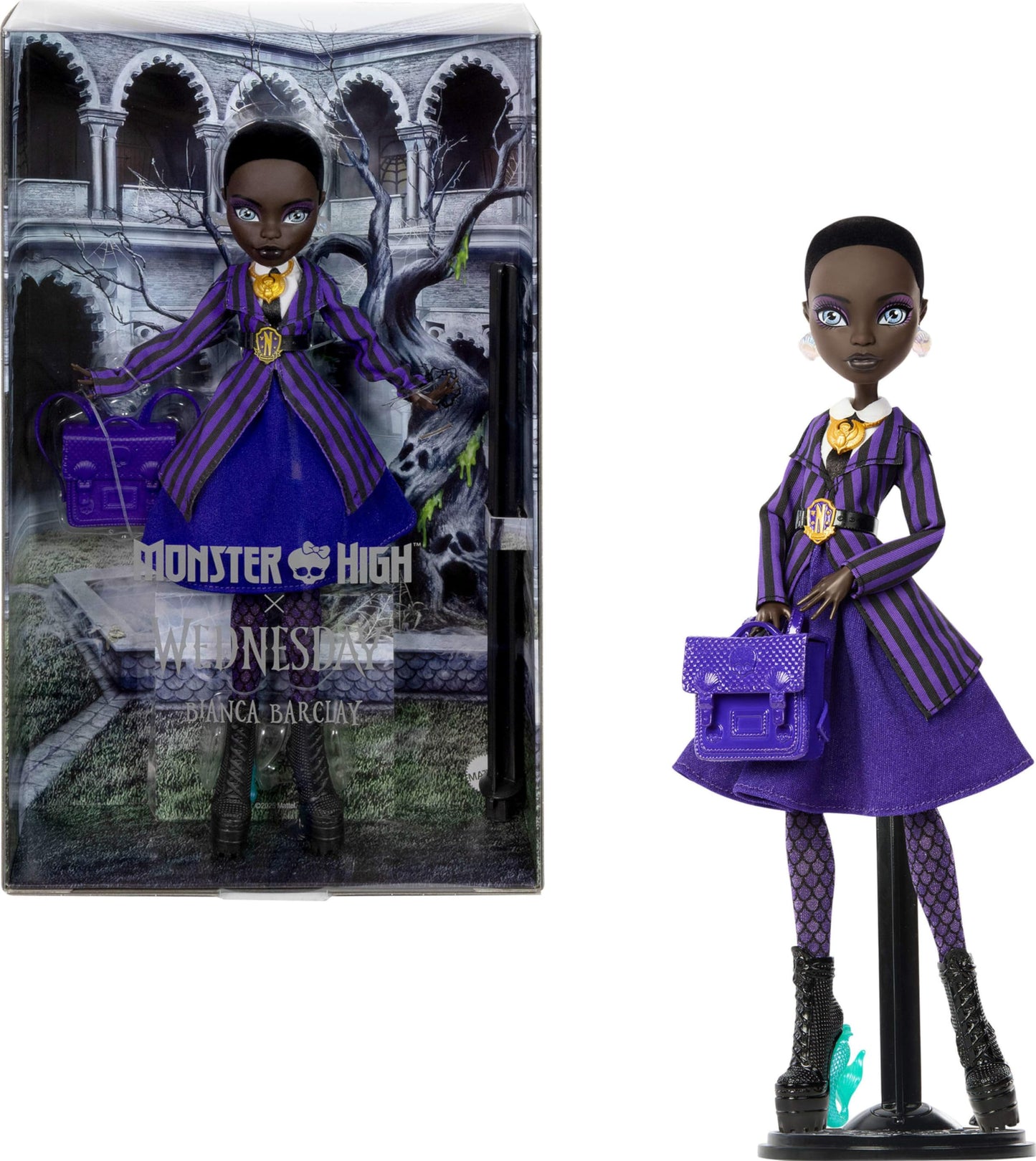 Monster High x Wednesday Doll and Accessories, Bianca Barclay Collectible in Nevermore Academy Uniform with Siren Amulet, Backpa