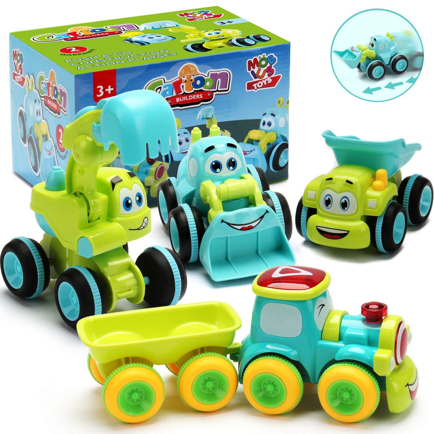 Toys for a 2 Year Old Boy - 4 Friction Powered Trucks for 3+ Year Old Boys, Push & Go Cars Cartoon Construction Vehicle Set - Be