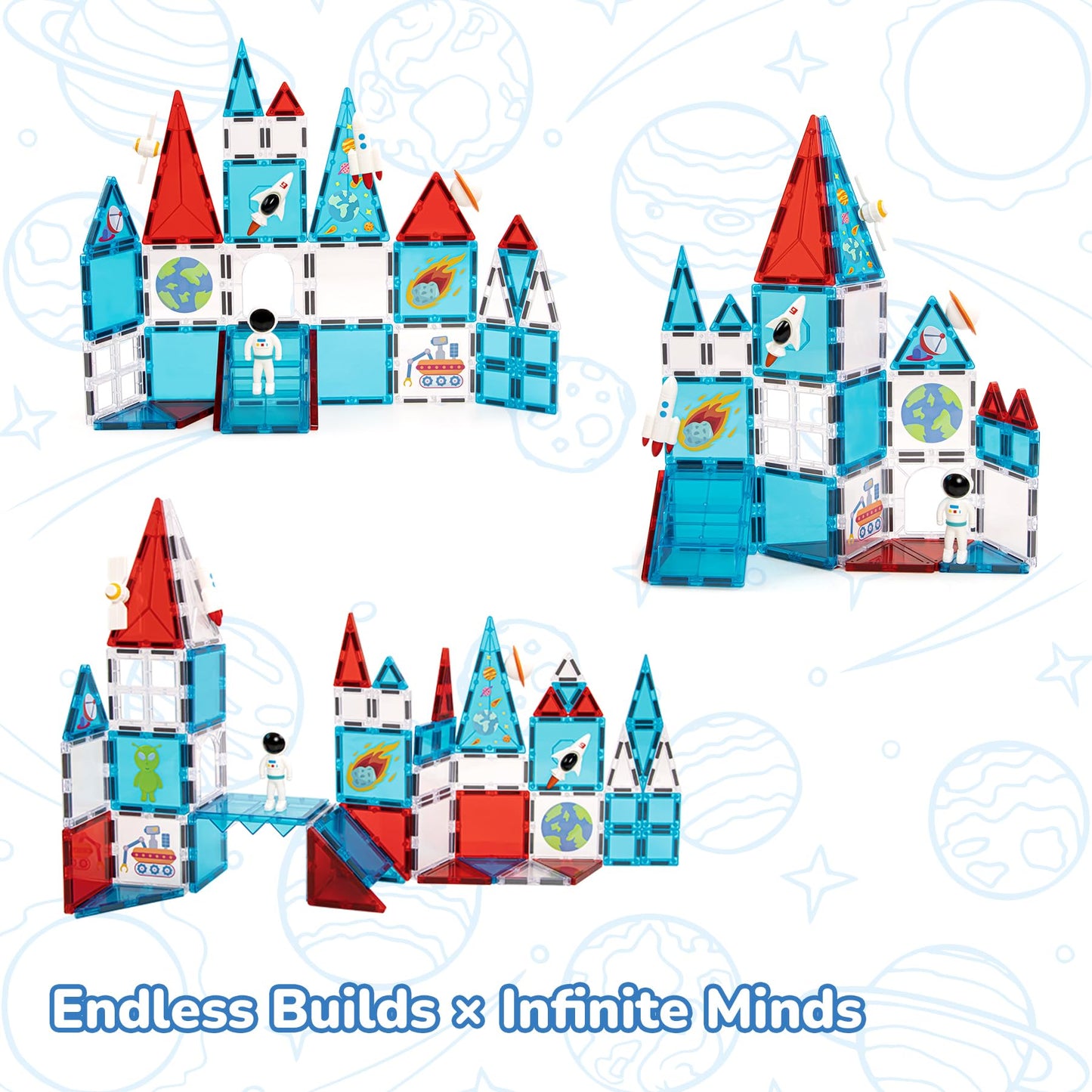 MENYORD Space Exploration Magnetic Tiles (39PCS) STEM Building Set with Rocket & Astronaut Preschool Learning Building Set for Ages 3-8  for Boys Girls (Satellite  Spaceship)