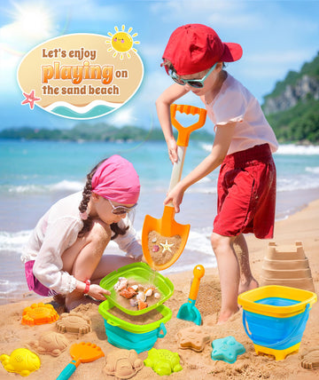 Duducofu Collapsible Beach Sand Toys For Kids Toddlers, Collapsible Sand Bucket With Sifter Shovels Set With Mesh Bag And Sand M
