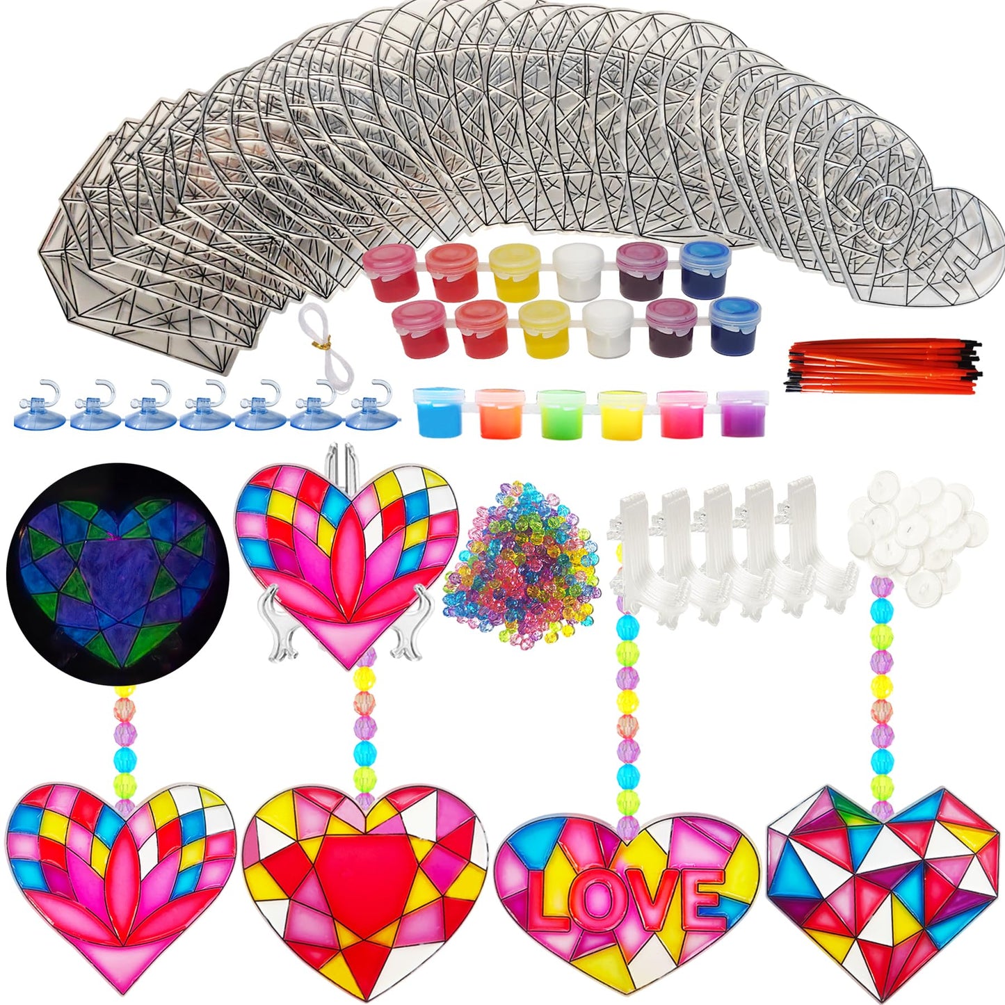 28 Sets Heart Suncatchers for Windows Hanging Glow in The Dark Valentines Day Suncatcher Decoration Window Paint Art Craft Sun 