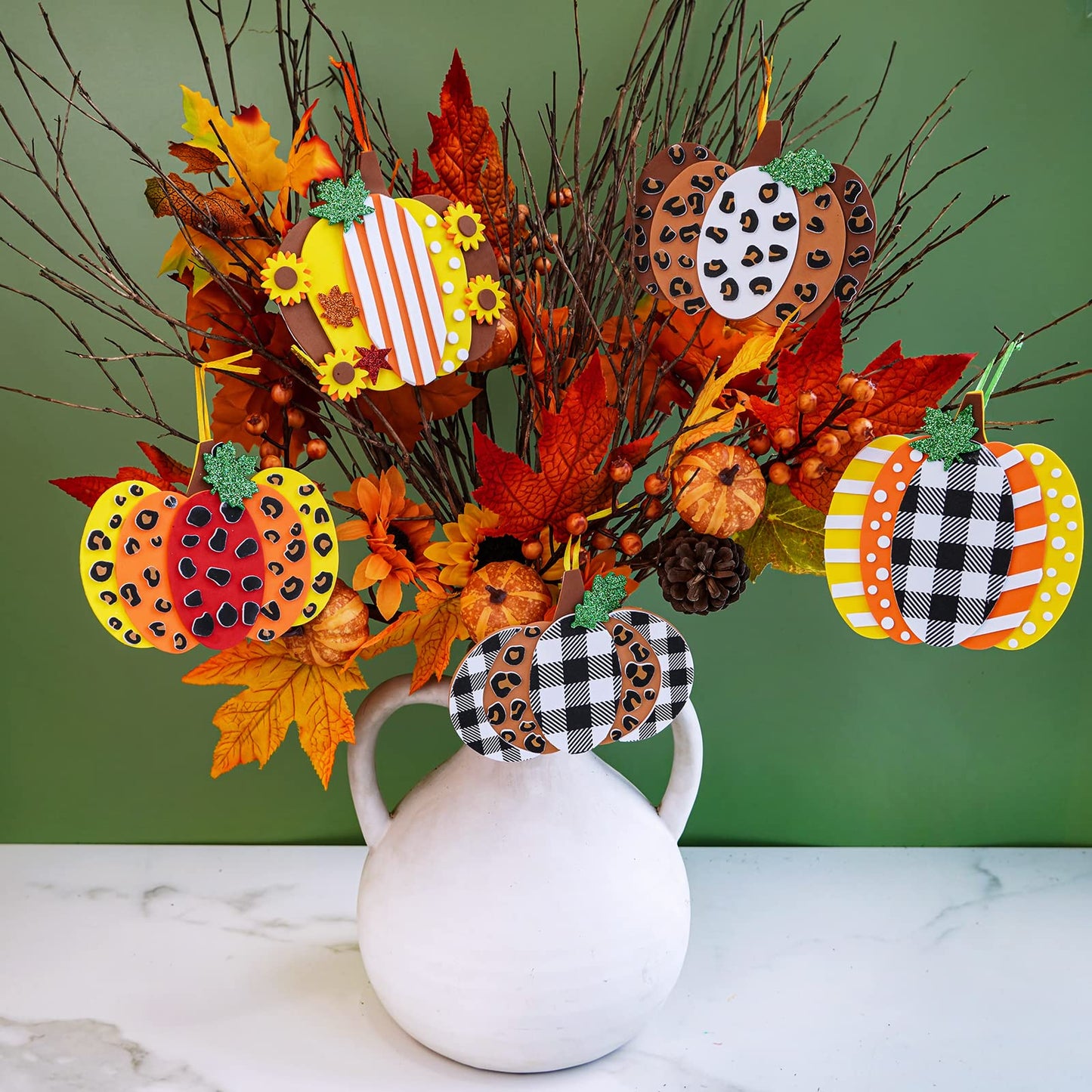 Winlyn 24 Sets Fall Pumpkin Ornaments Decorations Art Sets DIY 3D Fall Pumpkin Craft Kits Pumpkin Fall Maple Leaf Foam Stickers