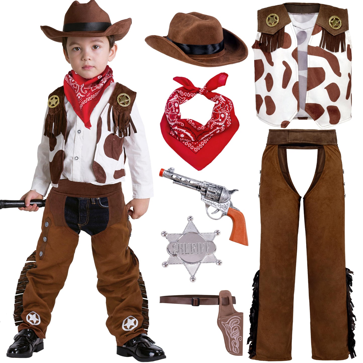 Spooktacular Creations Halloween Cowboy Costume For Boys, Kids White Brown Western Costume, Deluxe Cowboy Outfit Set With Hat For Toddler Halloween Dress-Up, Roleplay Themed Party (Small, 5-7 Yrs)