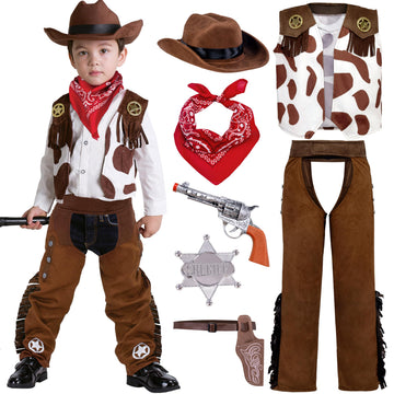 Spooktacular Creations Halloween Cowboy Costume For Boys, Kids White Brown Western Costume, Deluxe Cowboy Outfit Set With Hat For Toddler Halloween Dress-Up, Roleplay Themed Party (Medium, 8-10 Yrs)