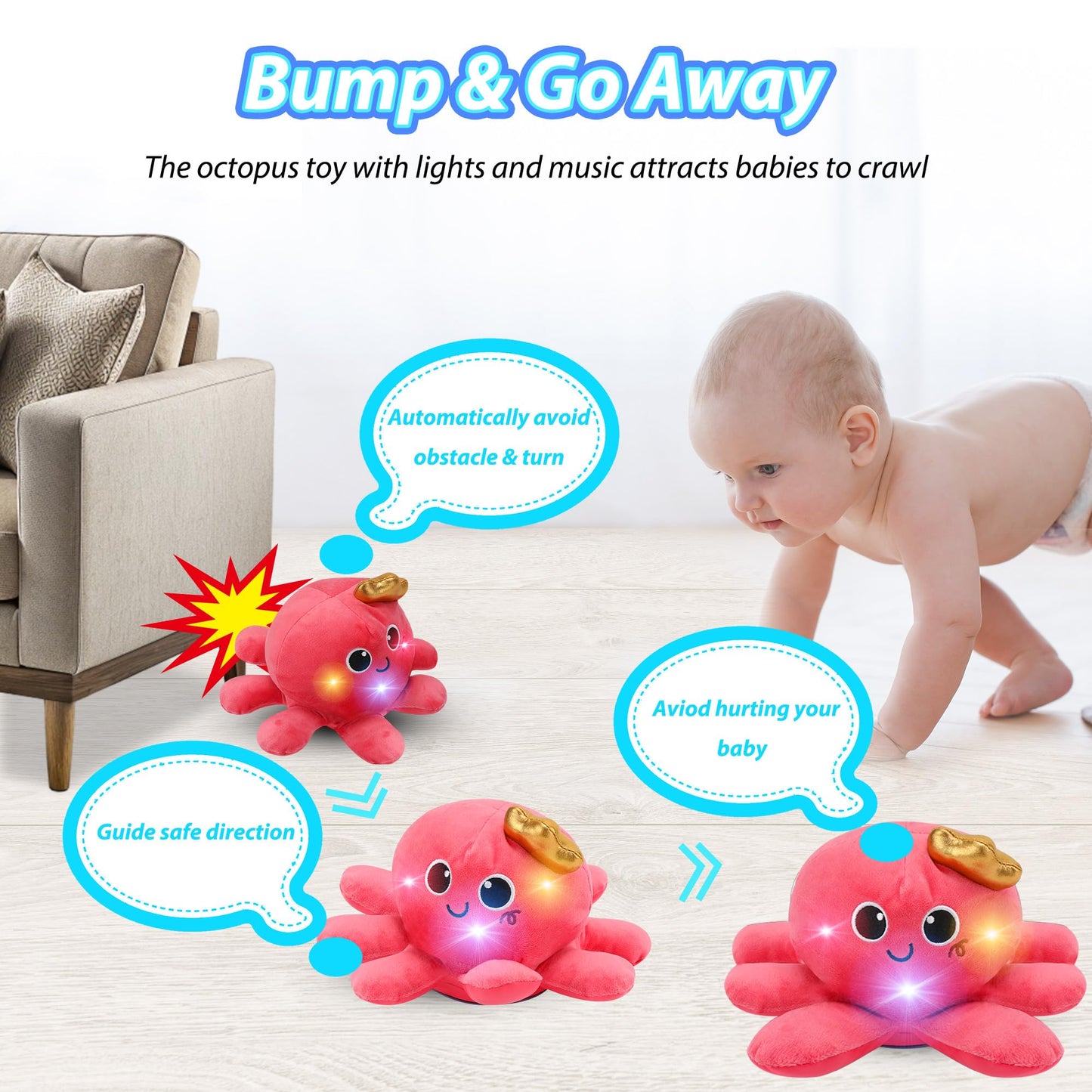 Joyyikinddy Musical Octopus Baby Toy - Crawling & Rotating Octopus Toy With Recording, Light-Up Voice Control, Clap Hands Awake