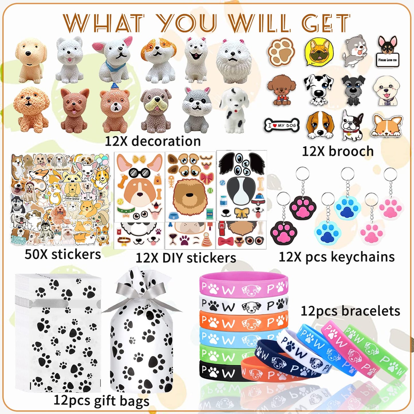 122Pcs Dog Party Favors Gift Set for Kids Dog Birthday Party Supplies Include 12 Dog DIY Face Stickers 12 Dog Bags 12 Keychains