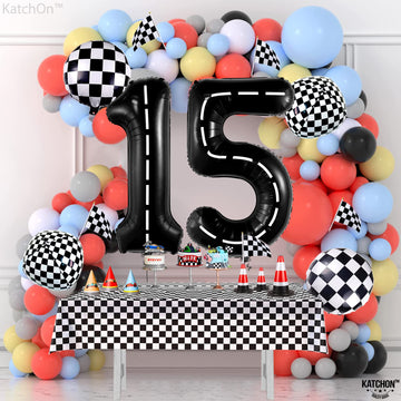 Katchon, Gaint Race Car 15 Balloon Number - 40 Inch | Black 15 Birthday Balloon | 15Th Road Birthday Decorations | 15 Year Old Balloon For 15Th Construction Birthday Decorations | Number 15 Balloon