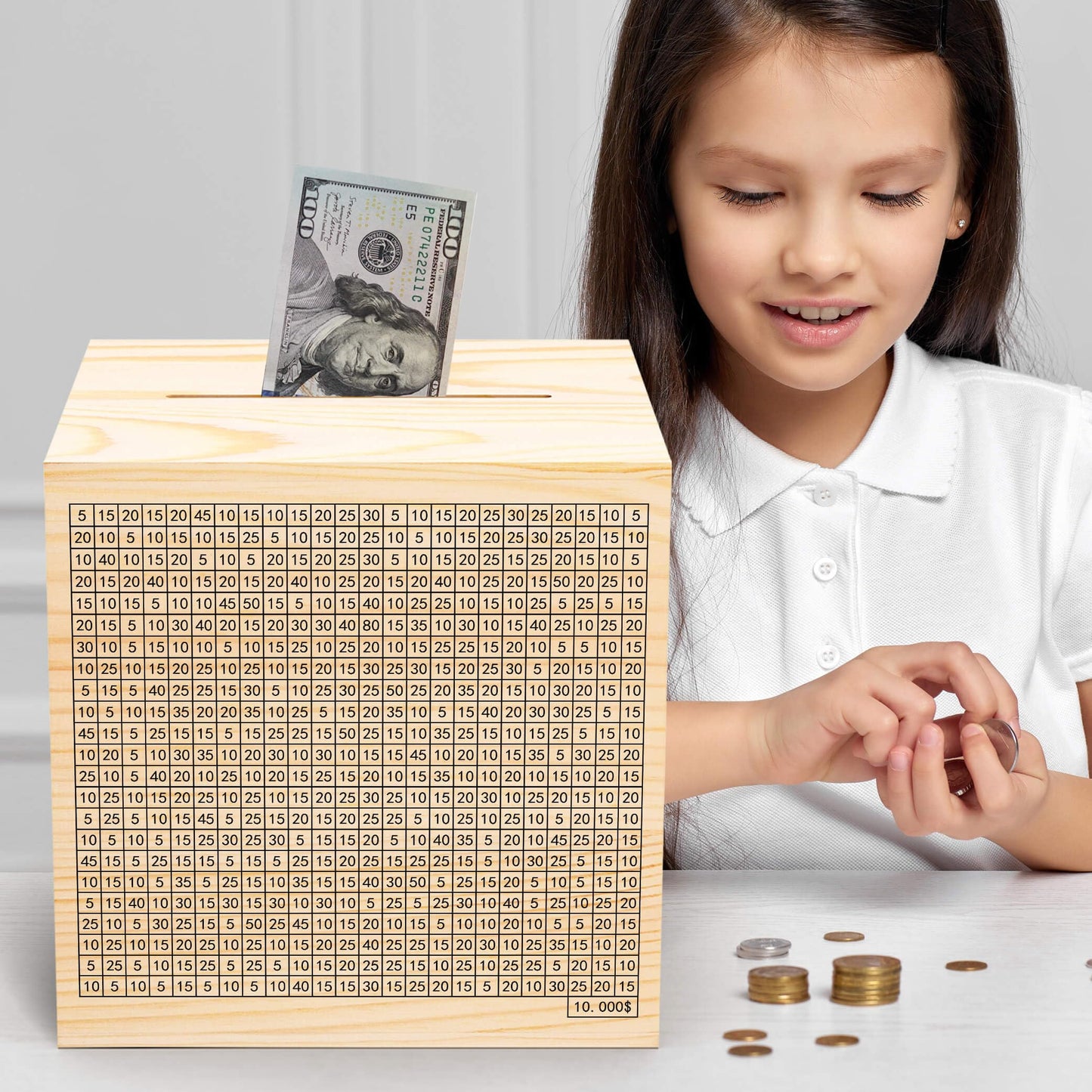 Hchangen 10000 Wooden Savings Challenge Box For Adults Kids, Wood Coin Piggy Bnak, Must Break To Open Money Box With Counter (Na