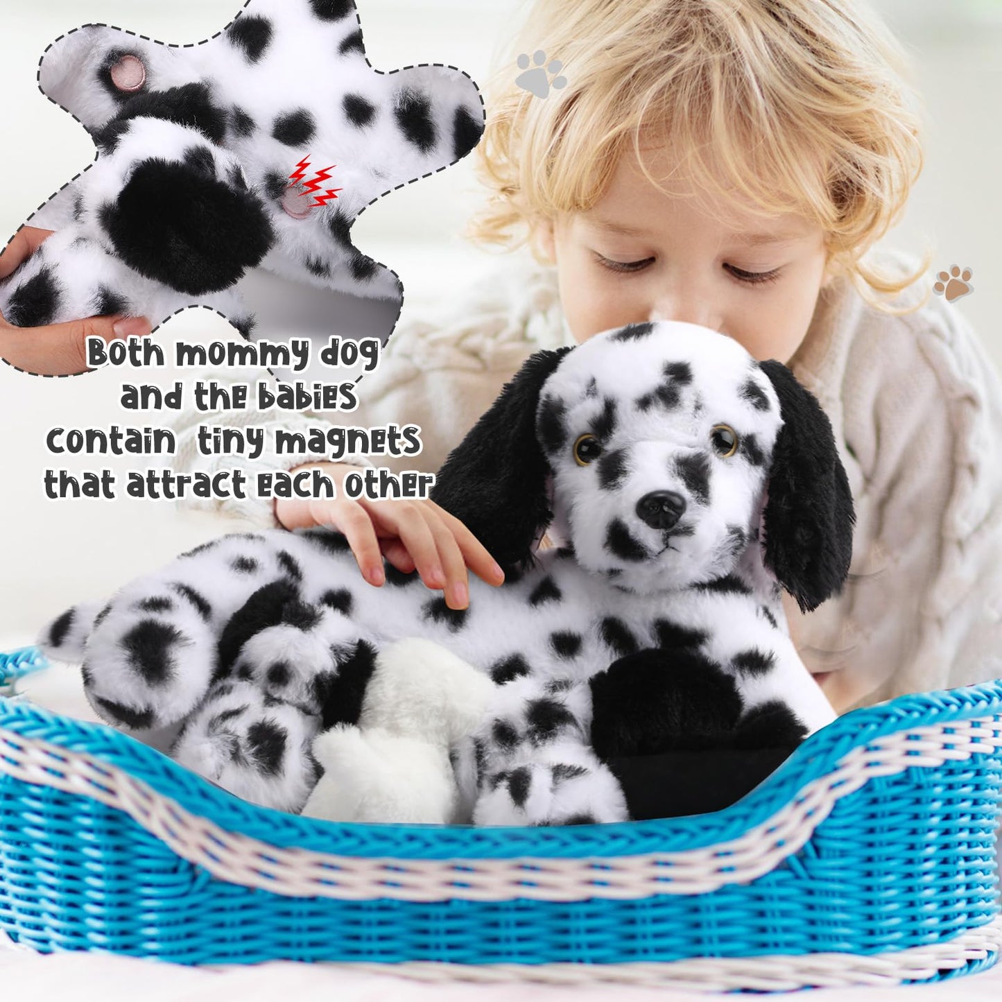 HyDren 5 Pcs Dalmatian Nurturing Dog Stuffed Animal Sets 15 Inch Soft Cuddly Dalmatian Plush Toys Nursing Mommy Dog with 4 Puppy