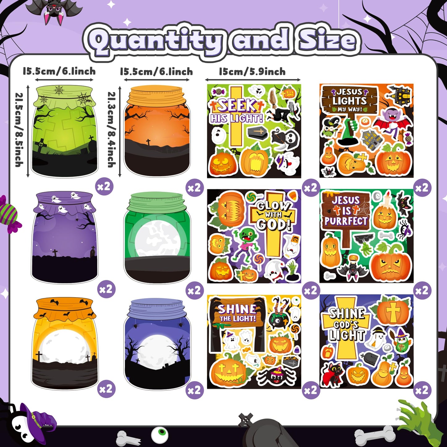 Cy2Side 12 Set Halloween Jesus Cross Stickers Scene For Kids, Make A Halloween Ghost Jar Sticker Scene With Pumpkin Witch, Make Your Own Jesus Light Stickers With Jar Scene, Diy Halloween Party Games
