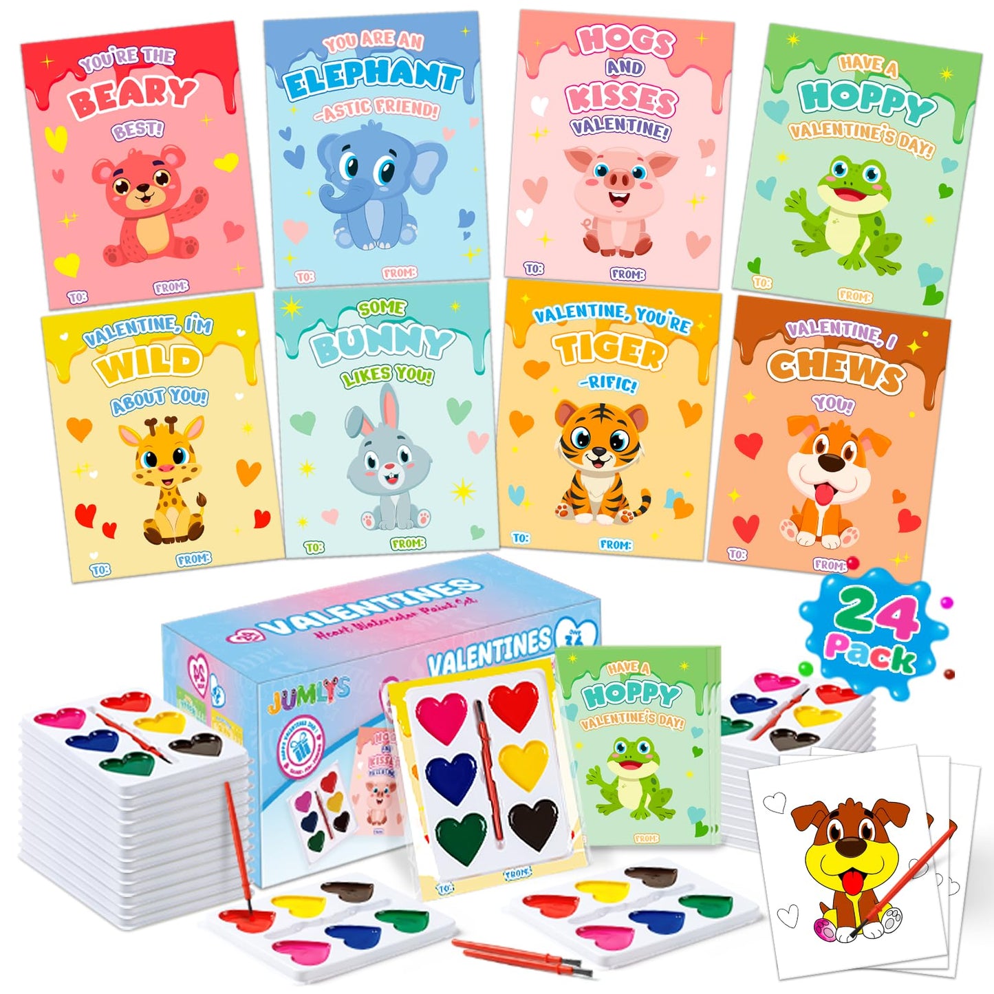 Jumlys Valentines Cards for Kids School , 24 Packs Heart Watercolor Paint Sets, Valentine Day Party Favors for Boys Girls, Ideal
