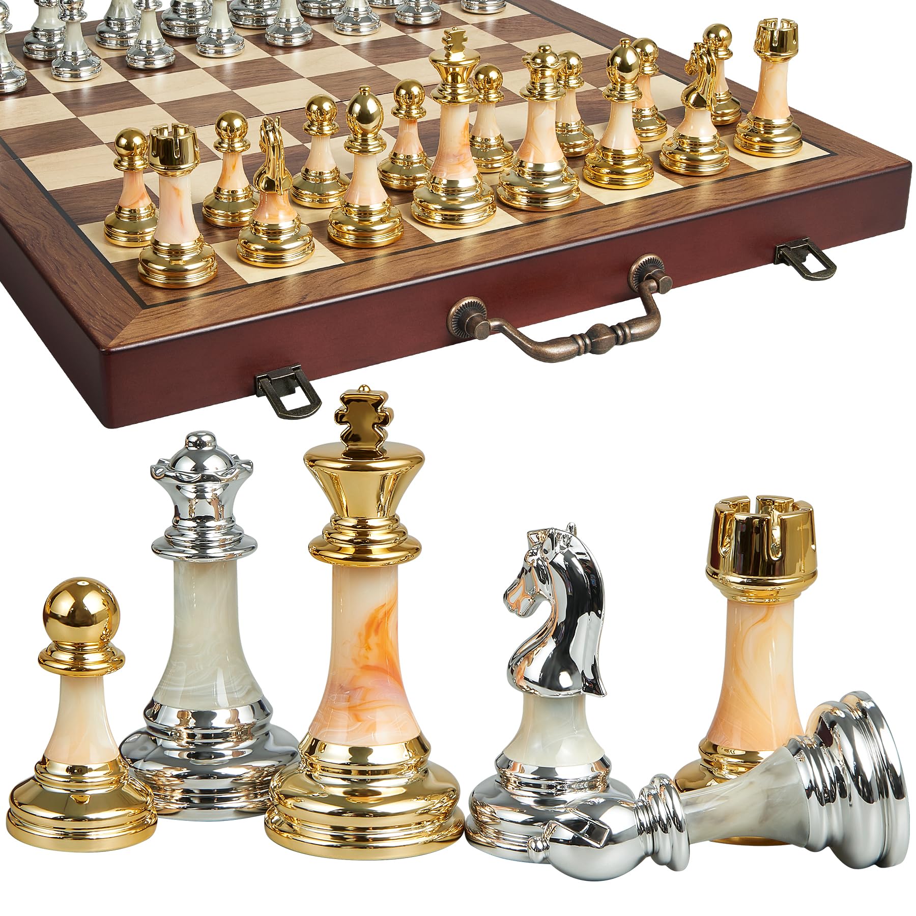 ELONGDI 16.5 Large Wooden Chess Set with Weighted Acrylic Chess Pieces Folding Chess Board Games with Handle 3.5 King Portable Classic Game for mature-themeds and Kids
