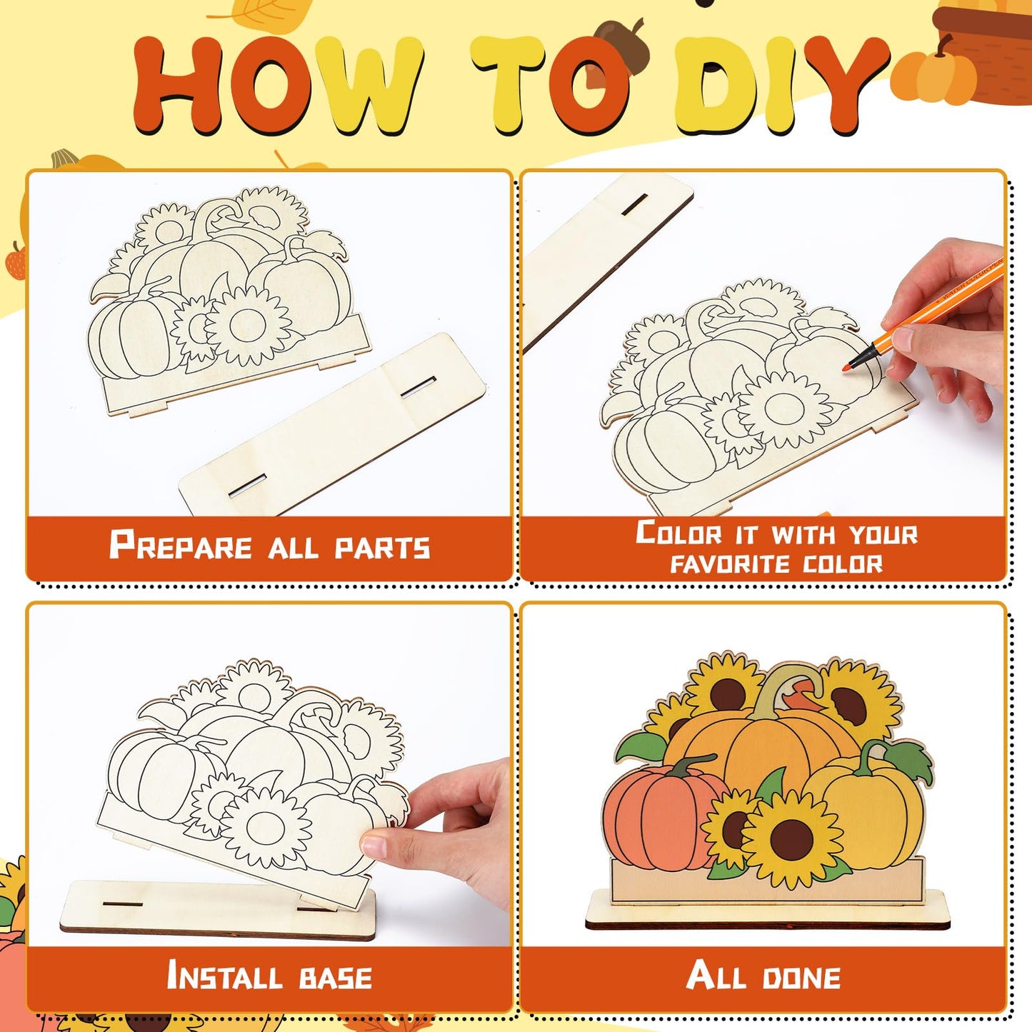 Yousoontic 24 Pcs Wooden Fall Crafts Color Your Own Autumn Table Signs Decorations DIY Hello Fall Gnomes Pumpkin Truck Scarecrow
