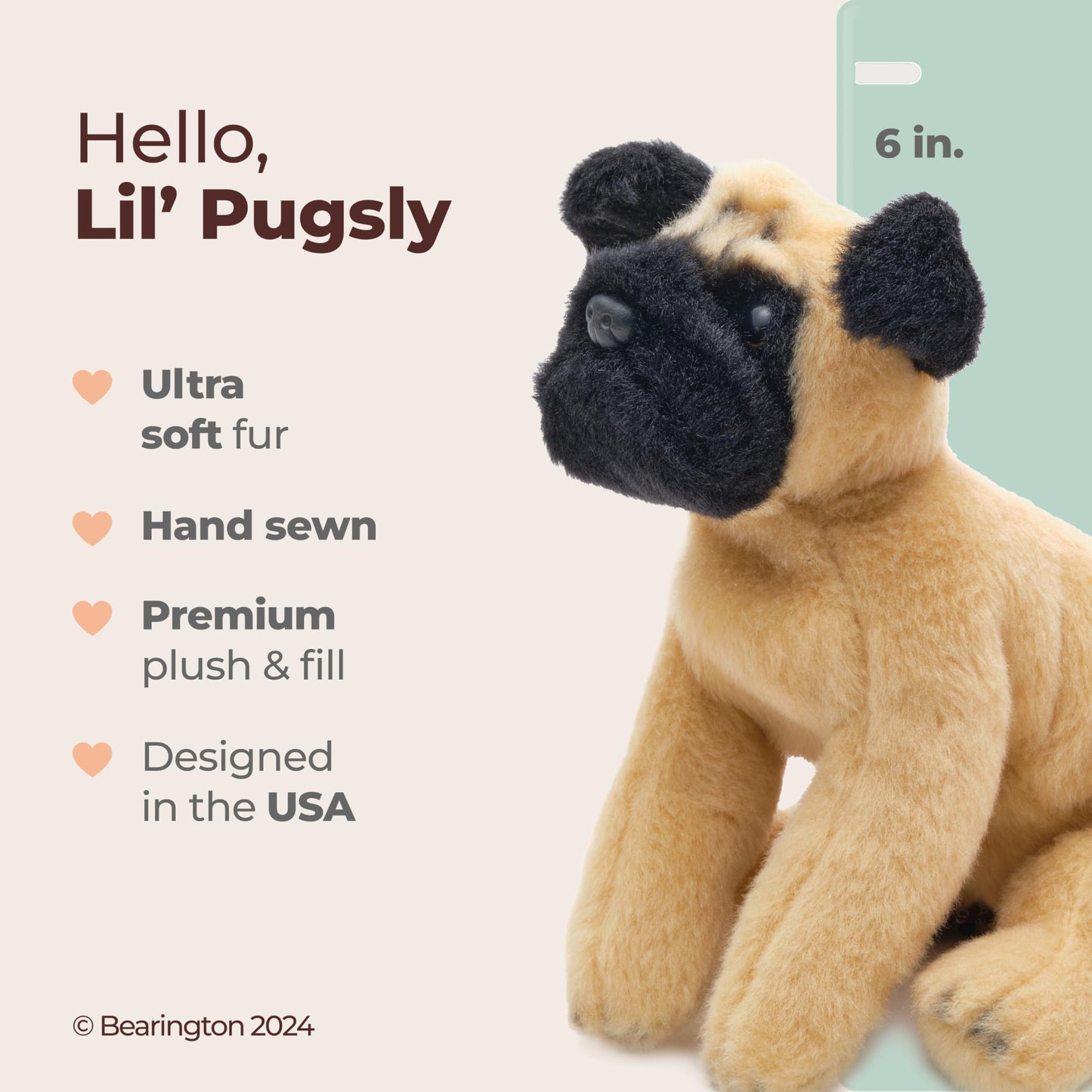 Bearington Lil' Pugsly Small Plush Pug Stuffed Animal Puppy Dog, 6 Inch