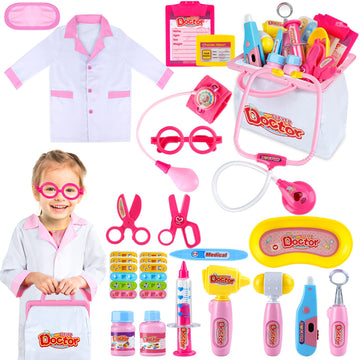 INNOCHEER Pink Doctor Kit for Kids, 25 Pieces Doctor Kit for Toddlers, Kids Doctor Playset Set with Roleplay Doctor Costume, Dre