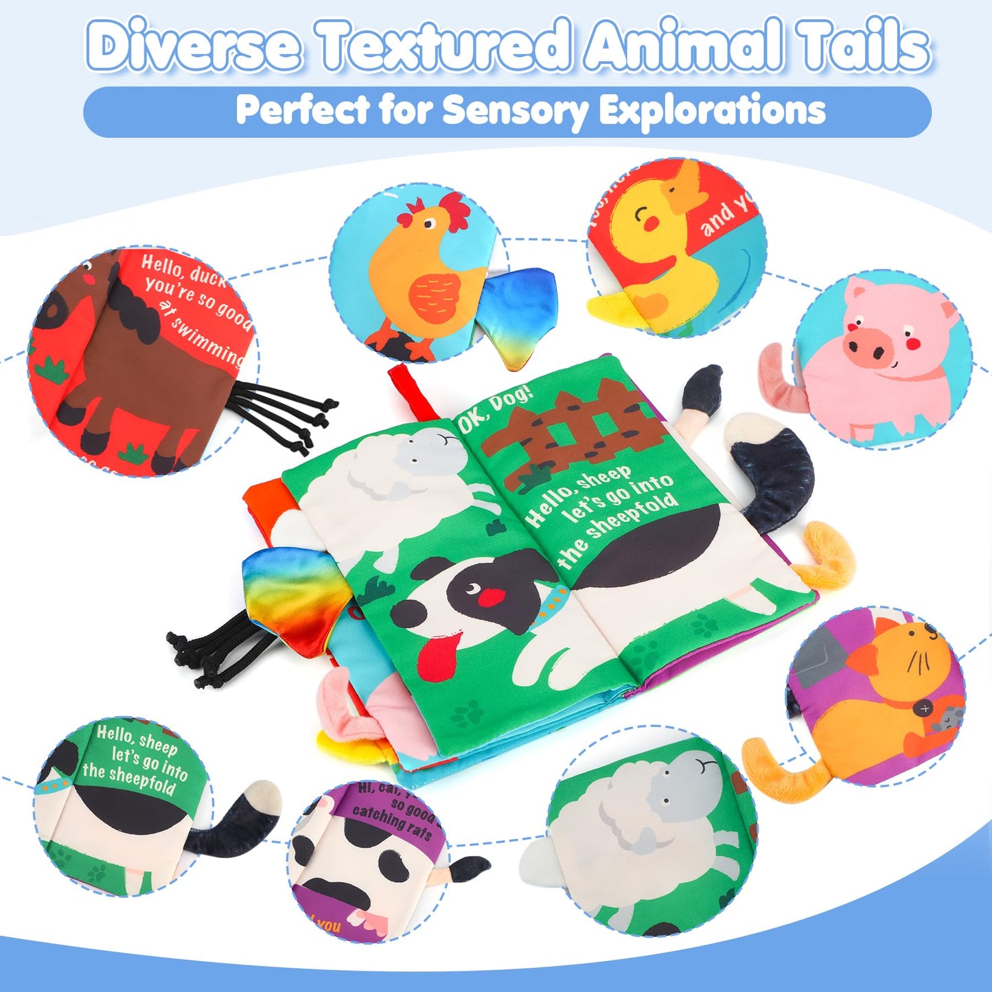 beiens Baby Crinkle Cloth Book - Touch & Feel Farm Tails, Medium, Multicolor, Soft Polyester Toy for Infants & Toddlers