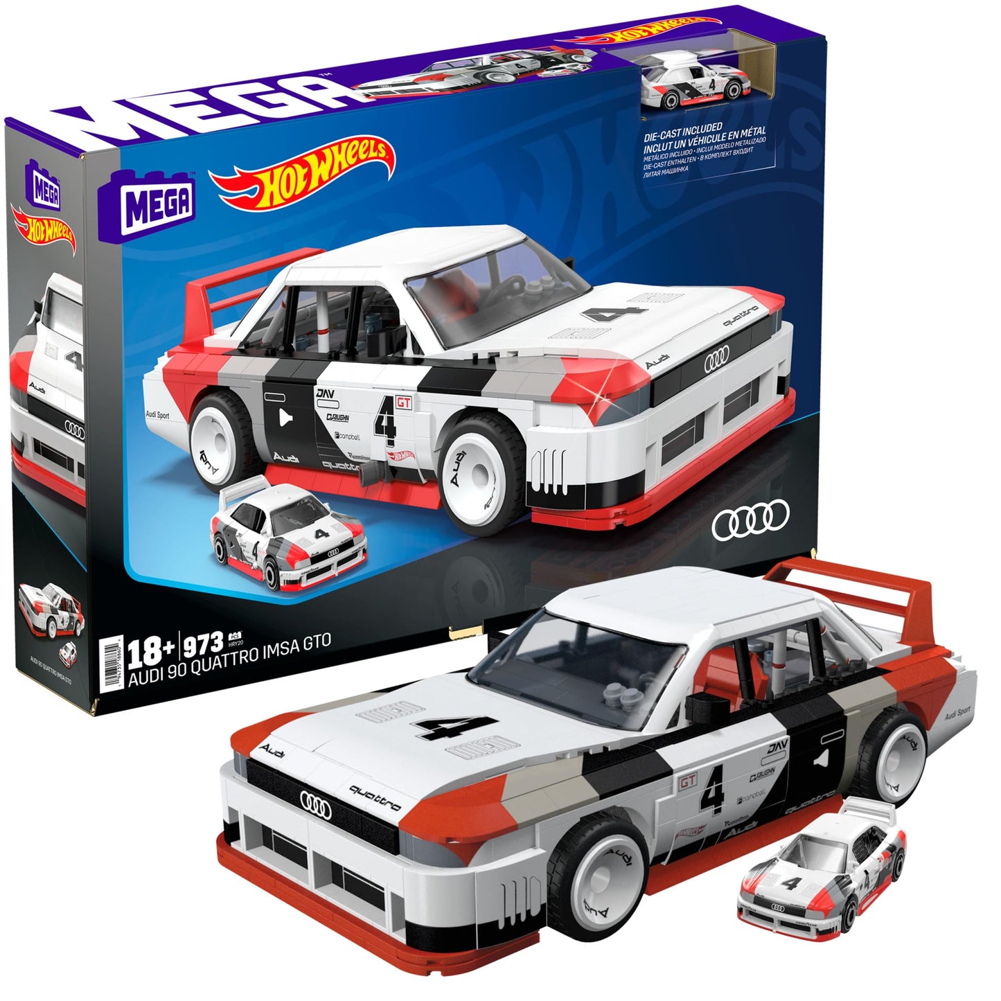 Mega Hot Wheels Collectible Car Building Toy, Audi 90 Quattro Imsa Gto With 973 Pieces And Die-Cast Model, Build & Display Set F