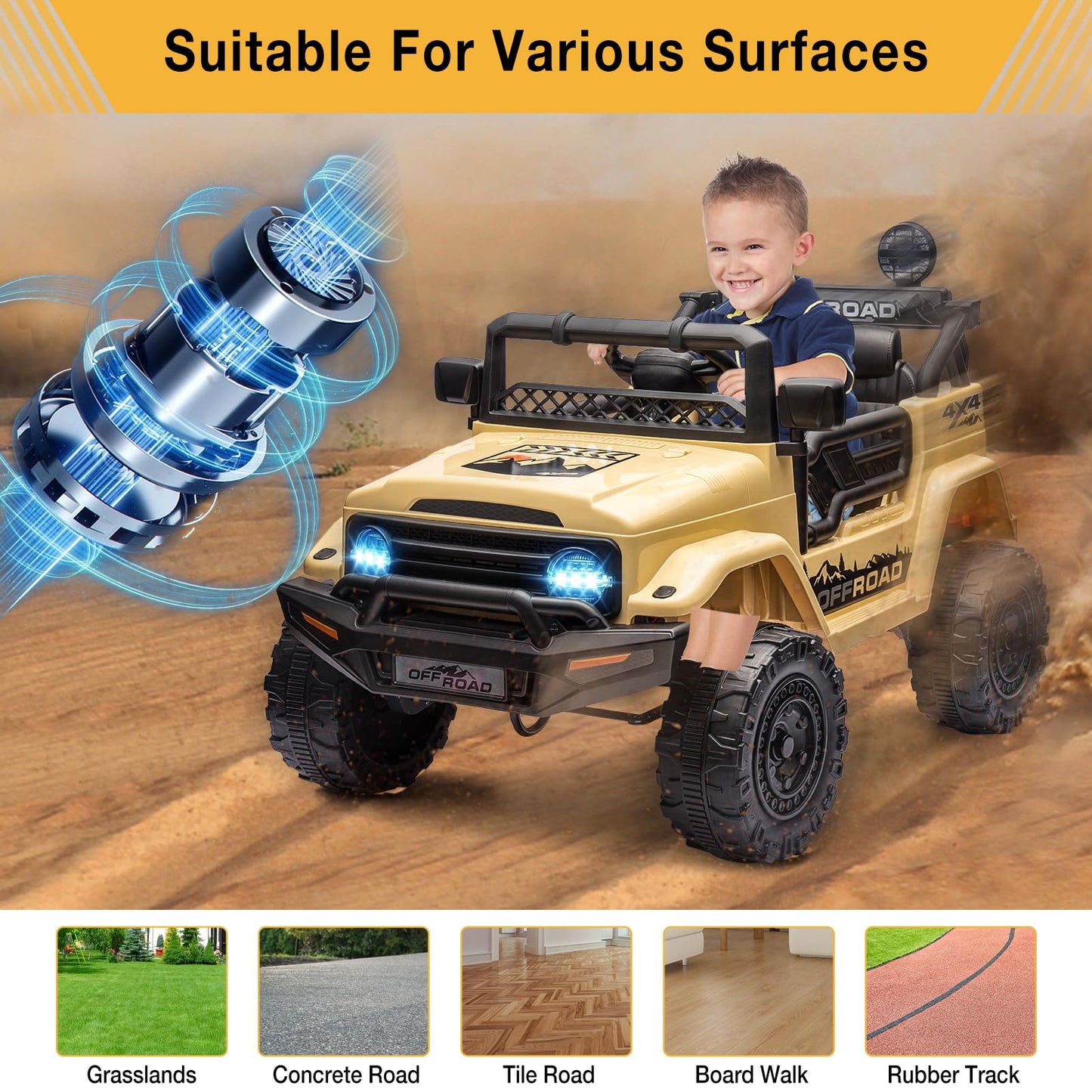 Hetoy 12V Electric Ride-On Truck for Kids - Remote Control Car with Spring Suspension, LED Lights, Music & 3 Speeds | Battery-Po