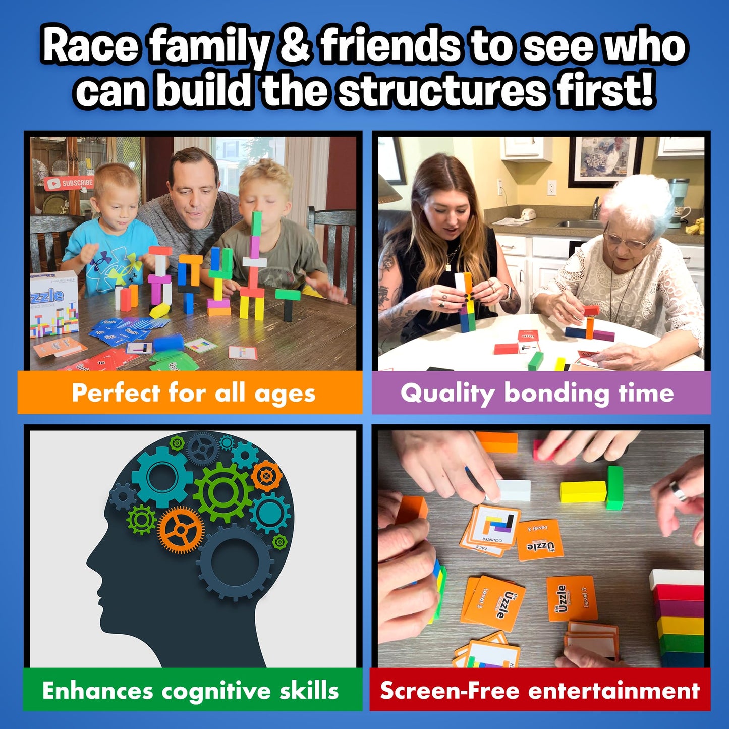 The Uzzle Stack Royale Board Game - Fun Family Game for Ages 4+, Wooden Color Block Puzzles, Brown