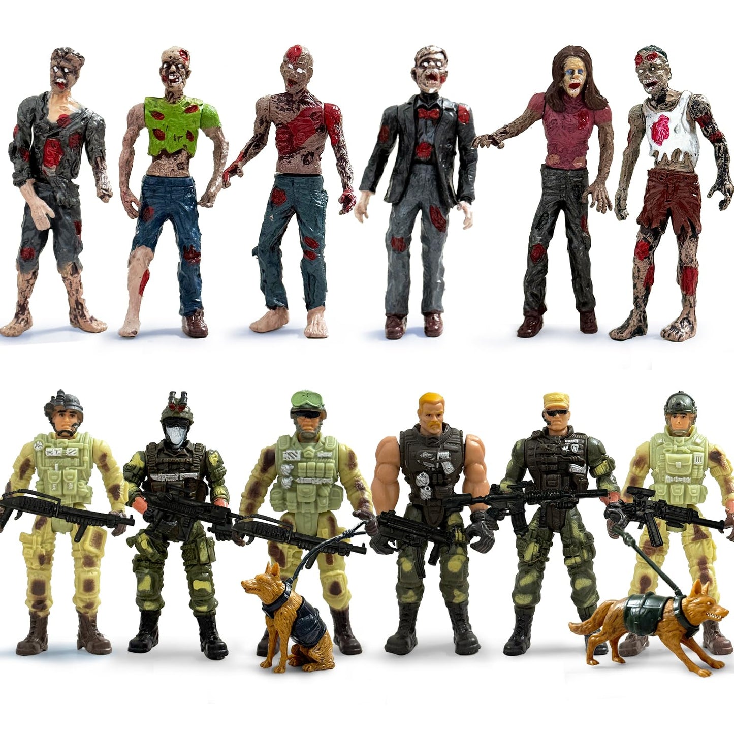 Army Men VS Zombie Action Figures  Realistic 6 Zombie Toys Playset 6 Army Toy Set with  2 Dog Figures  Halloween Decor Birthday Gift for Boys 3+ (14PCS)