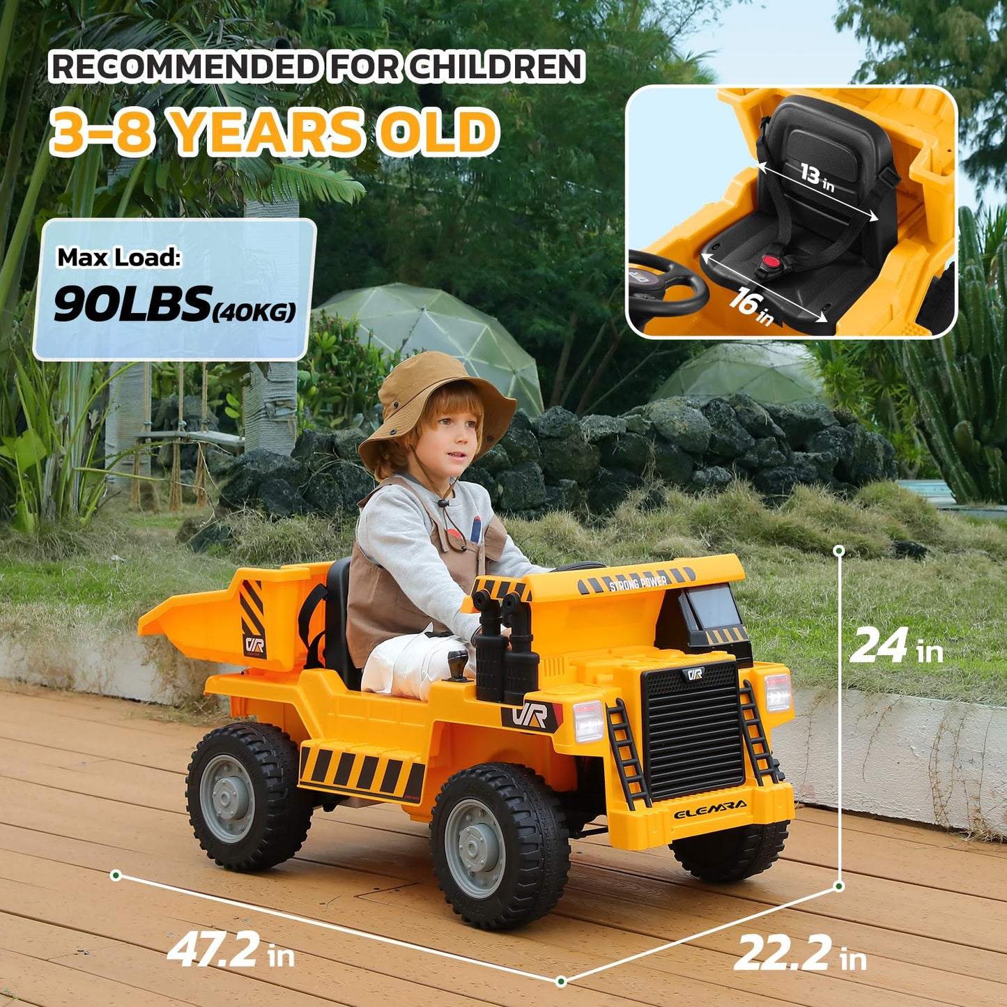 ELEMARA Ride on Dump Truck, Electric Cars for Kids with Dump Bed, Shovel,4.0MPH Max,12V 9AH Ride on Car with Remote Control, Bat