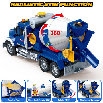 Kids Toys for 3 4 5 6 7 8 Years Old Boys, 15'' Large Cement Mixer Truck Toy with Lights, Sounds, Blue Toddler Friction Powered T