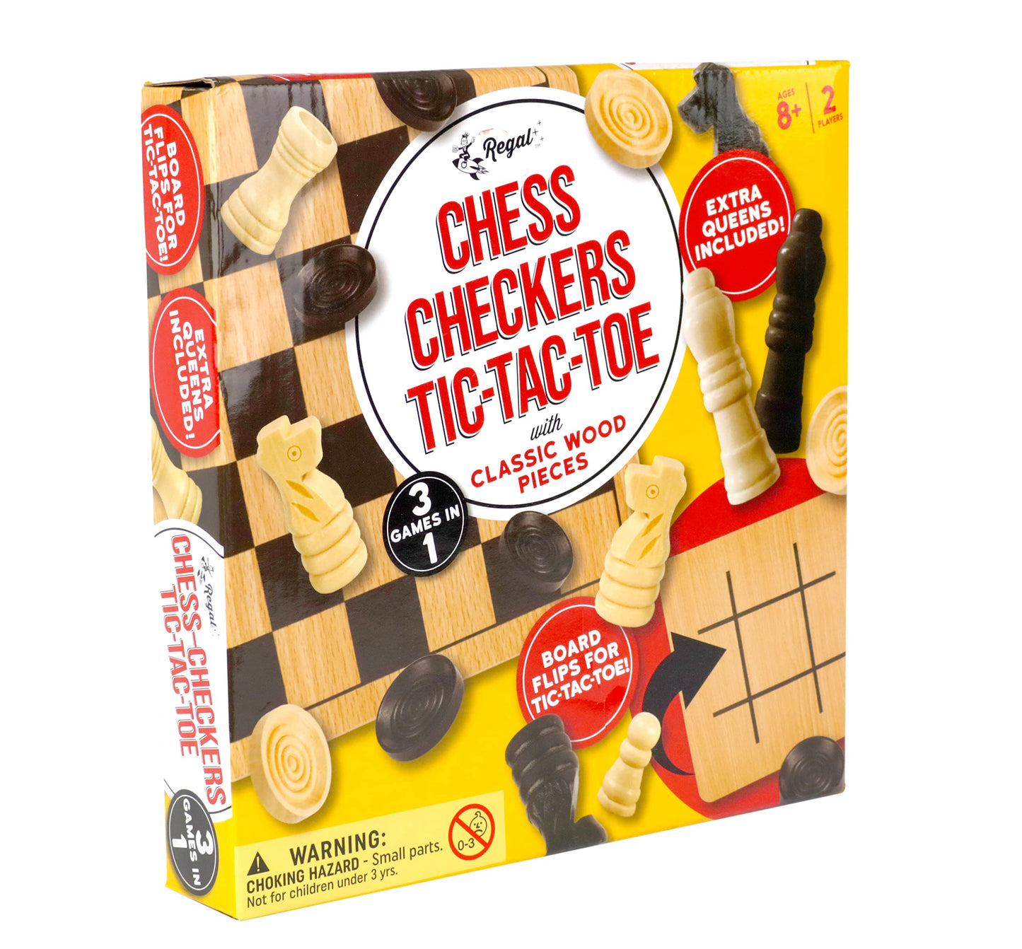 Regal Games Reversible Wooden Board for Chess, Checkers & Tic-Tac-Toe - Includes 24 Checkers & 32 Chess Pieces - 10.5 Inch Size