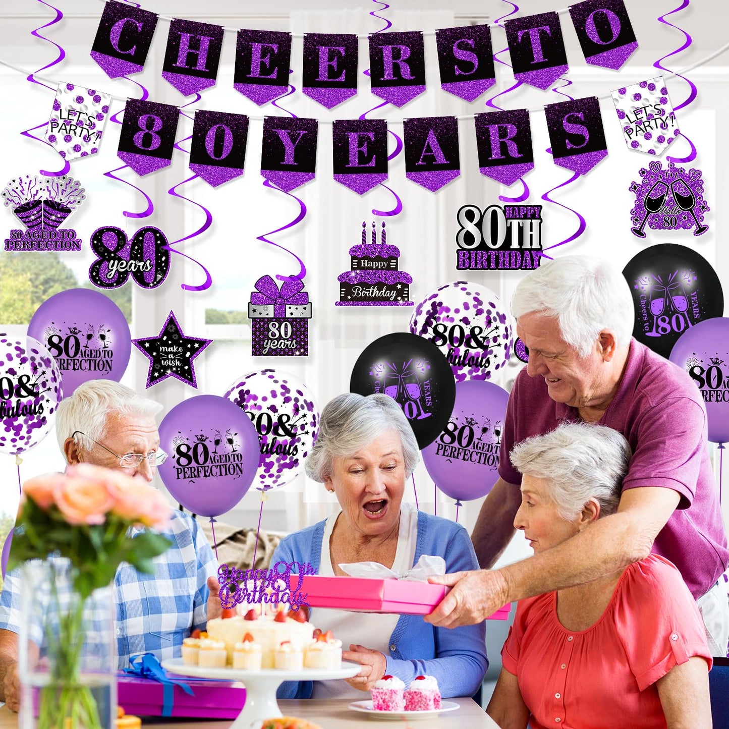 Purple 80Th Birthday Decorations For Women Men Purple Black 80Th Birthday Banner Hanging Swirls 80Th Birthday Balloons Happy 80Th Birthday Cake Topper For Purple Cheer To 80 Years Party Supplies