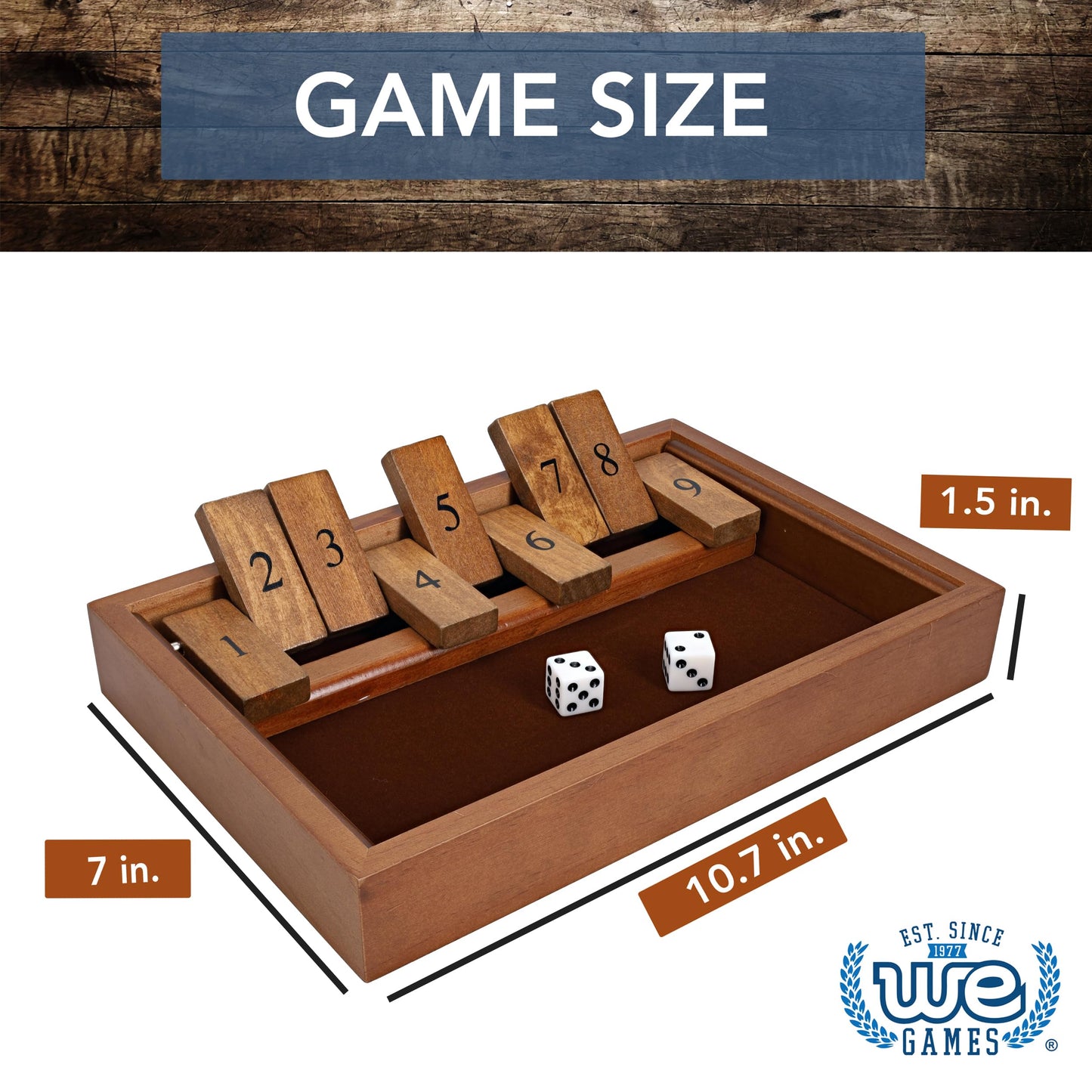 WE Games Shut the Box Game Wooden - 9 Number Flip Tiles with Dark Stained Wooden Box  Board Game for Game Night  Math Games  Clackers  Family Games  mature-themed Dice Games  Board Games for mature-themeds  11 inches