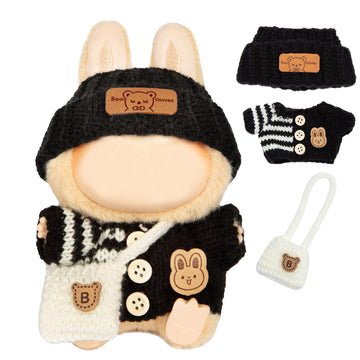 17cm Doll Clothes - Kawaii Chic Style Set for 17cm Dolls  Cute Doll Outfit with Accessories -Button Up Stripe Black Sweater + Black Hat + White Bag (Clothes Only)