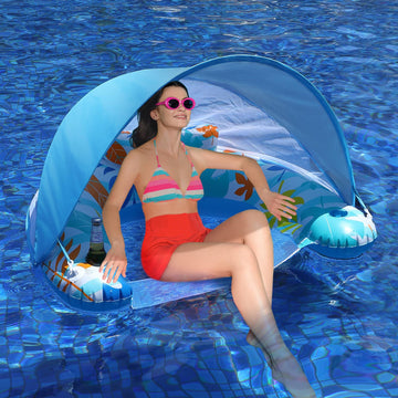 Laycol Adult Inflatable Pool Chair With Canopy, Ergonomic Headrest, Cup Holder, Blue, 47.5' X 37.5' X 27.5'
